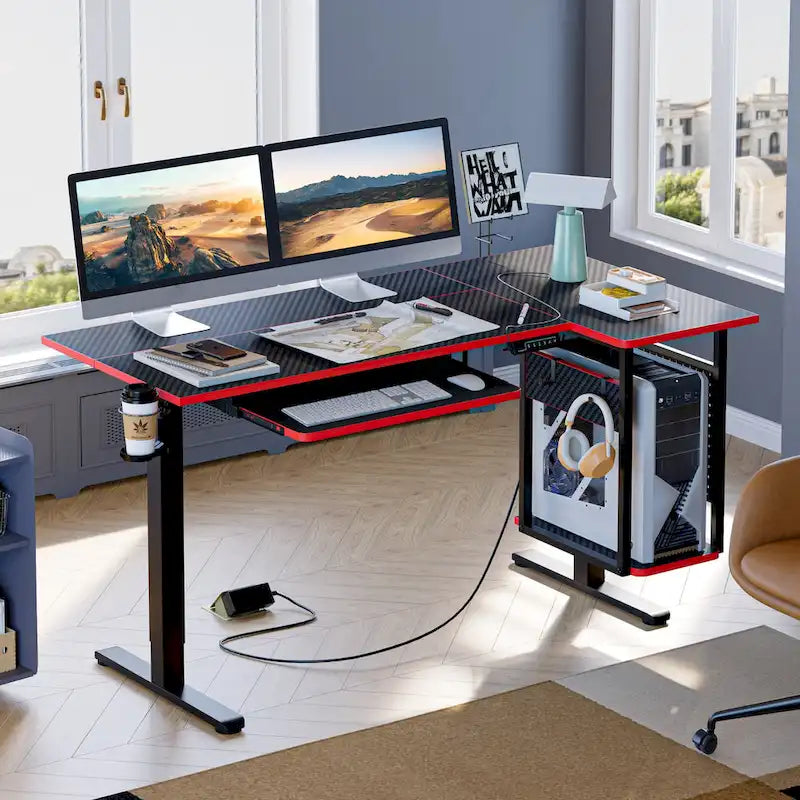 Elektrischer Stehschreibtisch, 145 cm, höhenverstellbar, L-förmiger Schreibtisch mit Tastaturauszug und Rechnerablage