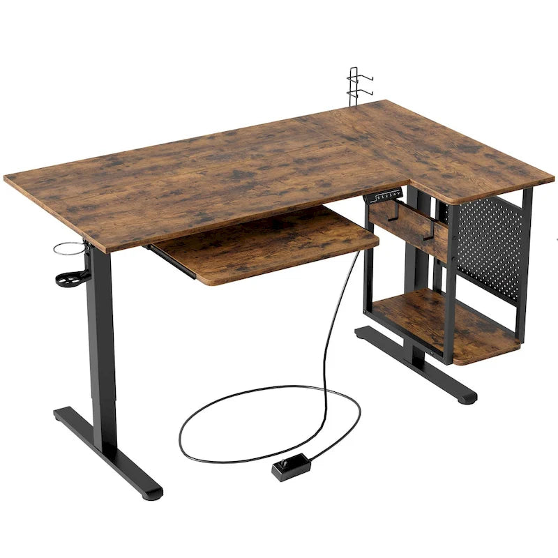 Elektrischer Stehschreibtisch, 145 cm, höhenverstellbar, L-förmiger Schreibtisch mit Tastaturauszug und Rechnerablage