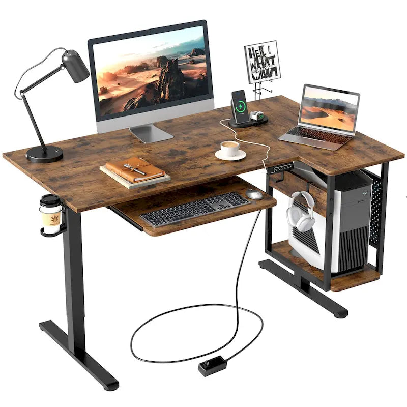 Elektrischer Stehschreibtisch, 145 cm, höhenverstellbar, L-förmiger Schreibtisch mit Tastaturauszug und Rechnerablage