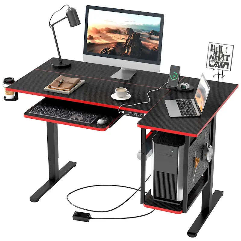 Elektrischer Stehschreibtisch, 145 cm, höhenverstellbar, L-förmiger Schreibtisch mit Tastaturauszug und Rechnerablage