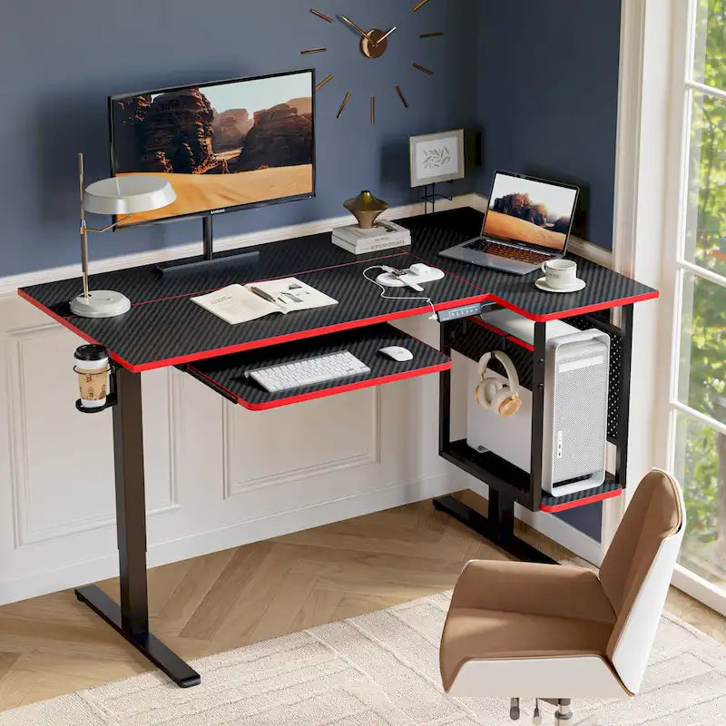 Elektrischer Stehschreibtisch, 145 cm, höhenverstellbar, L-förmiger Schreibtisch mit Tastaturauszug und Rechnerablage
