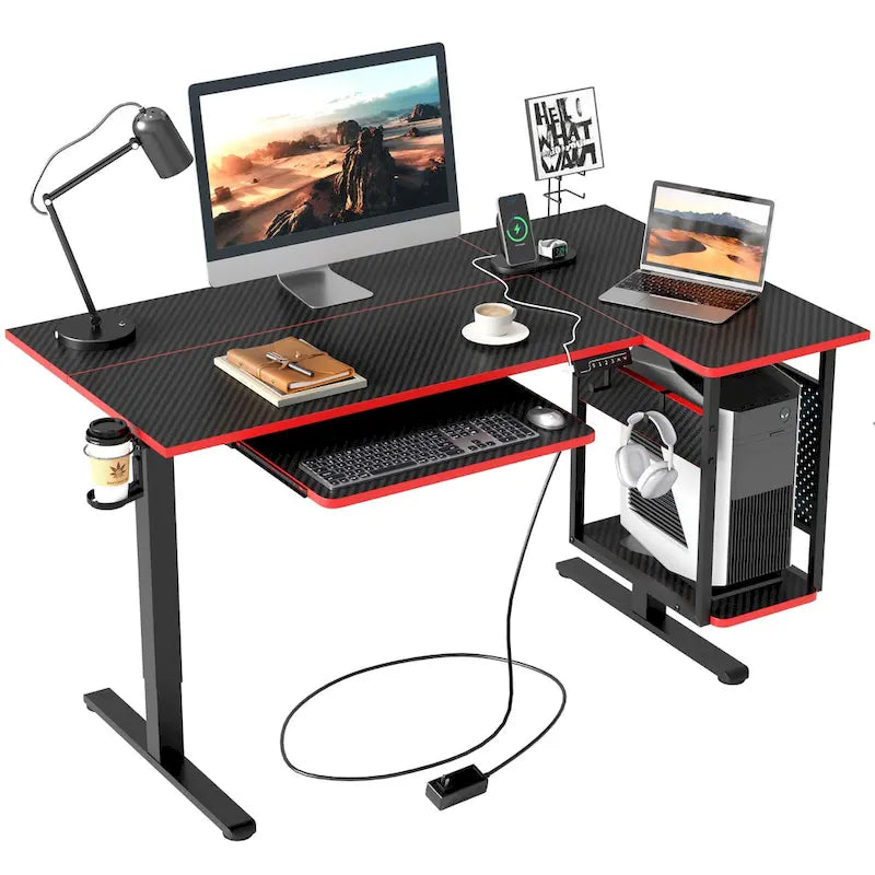 Elektrischer Stehschreibtisch, 145 cm, höhenverstellbar, L-förmiger Schreibtisch mit Tastaturauszug und Rechnerablage