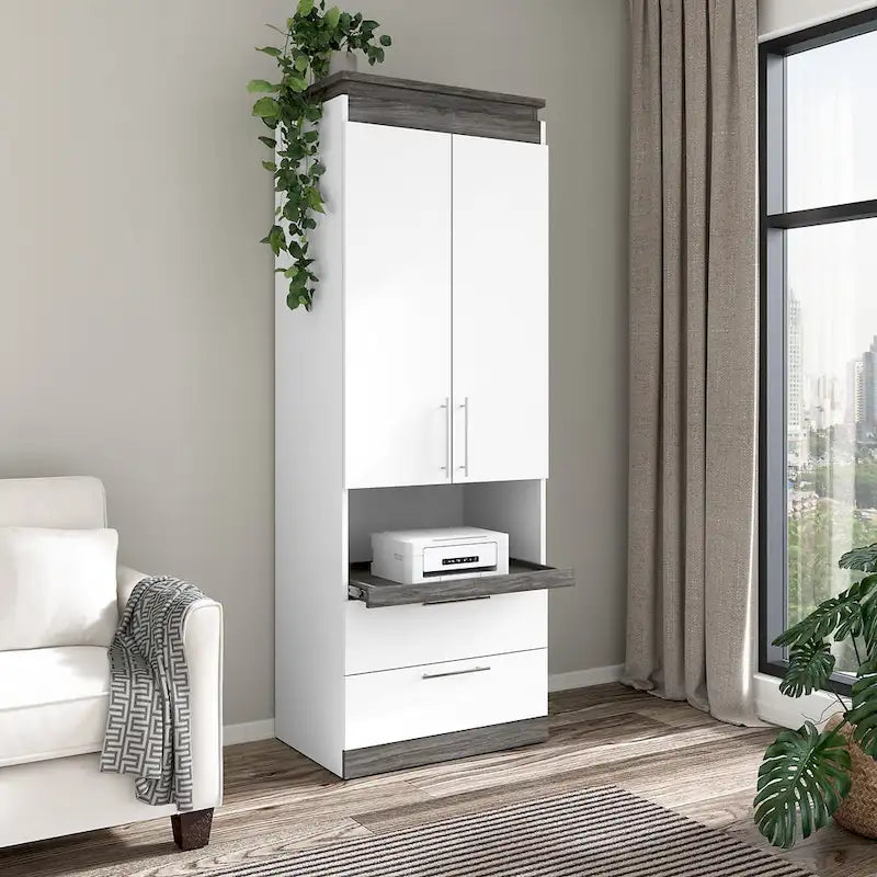 76 cm breiter Hochschrank mit Schubladen und ausziehbarer Ablage