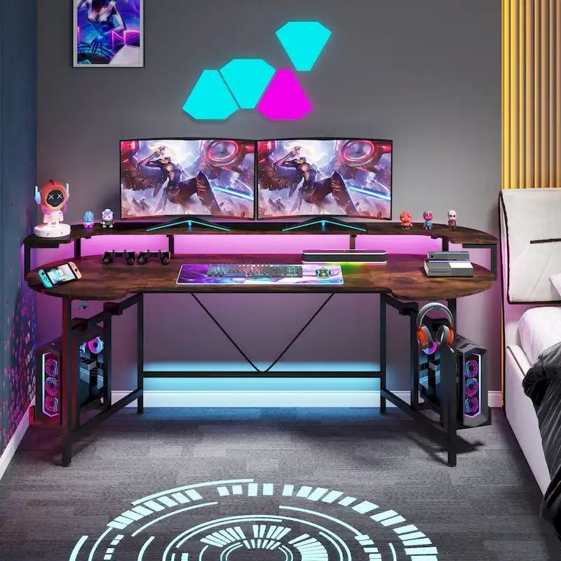 75 Zoll Gaming-Schreibtisch mit Monitorablage und RGB-LED-Streifen