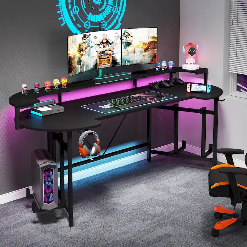 75 Zoll Gaming-Schreibtisch mit Monitorablage und RGB-LED-Streifen