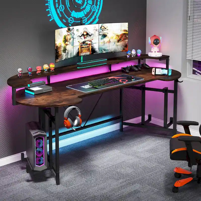 75 Zoll Gaming-Schreibtisch mit Monitorablage und RGB-LED-Streifen