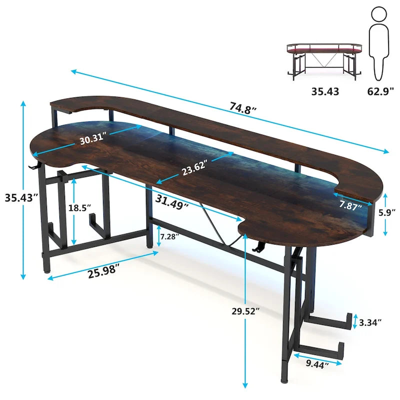 75 Zoll Gaming-Schreibtisch mit Monitorablage und RGB-LED-Streifen