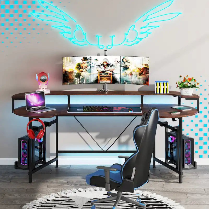 75 Zoll Gaming-Schreibtisch mit Monitorablage und RGB-LED-Streifen