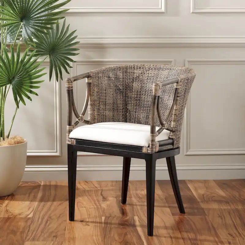 Rattan-Esszimmersessel mit Baumwollkissen, Braun-Schwarz