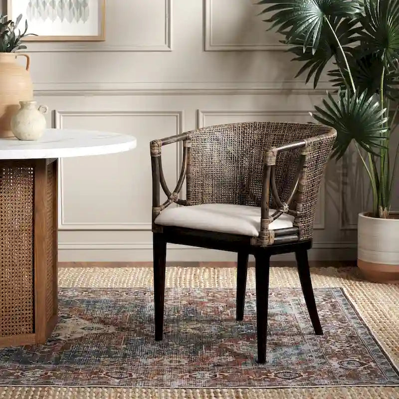 Rattan-Esszimmersessel mit Baumwollkissen, Braun-Schwarz