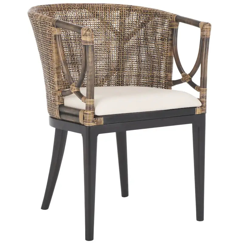 Rattan-Esszimmersessel mit Baumwollkissen, Braun-Schwarz
