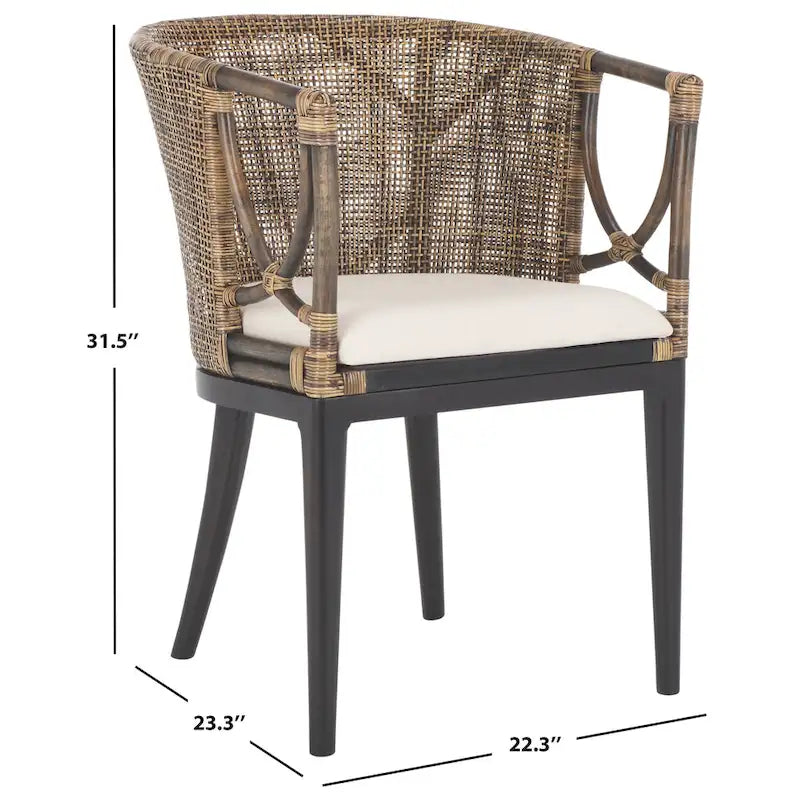 Rattan-Esszimmersessel mit Baumwollkissen, Braun-Schwarz