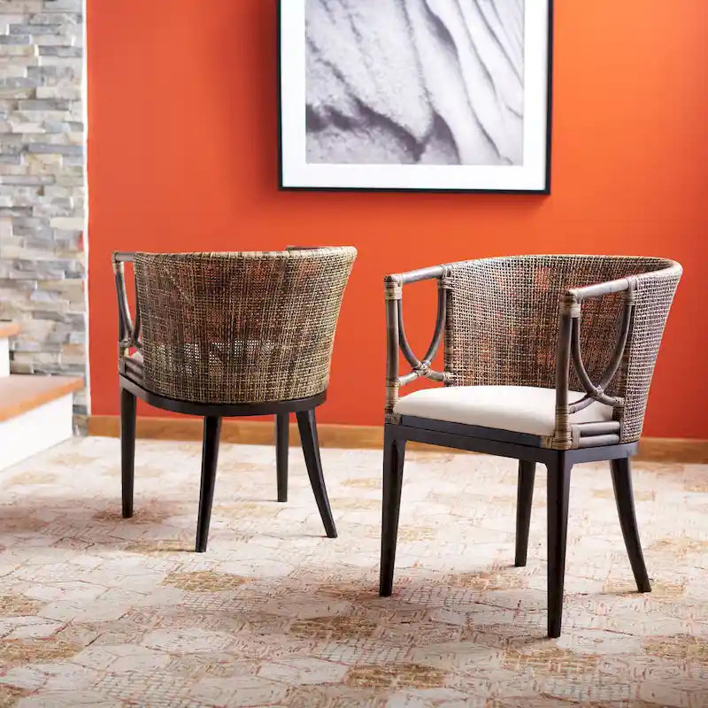 Rattan-Esszimmersessel mit Baumwollkissen, Braun-Schwarz