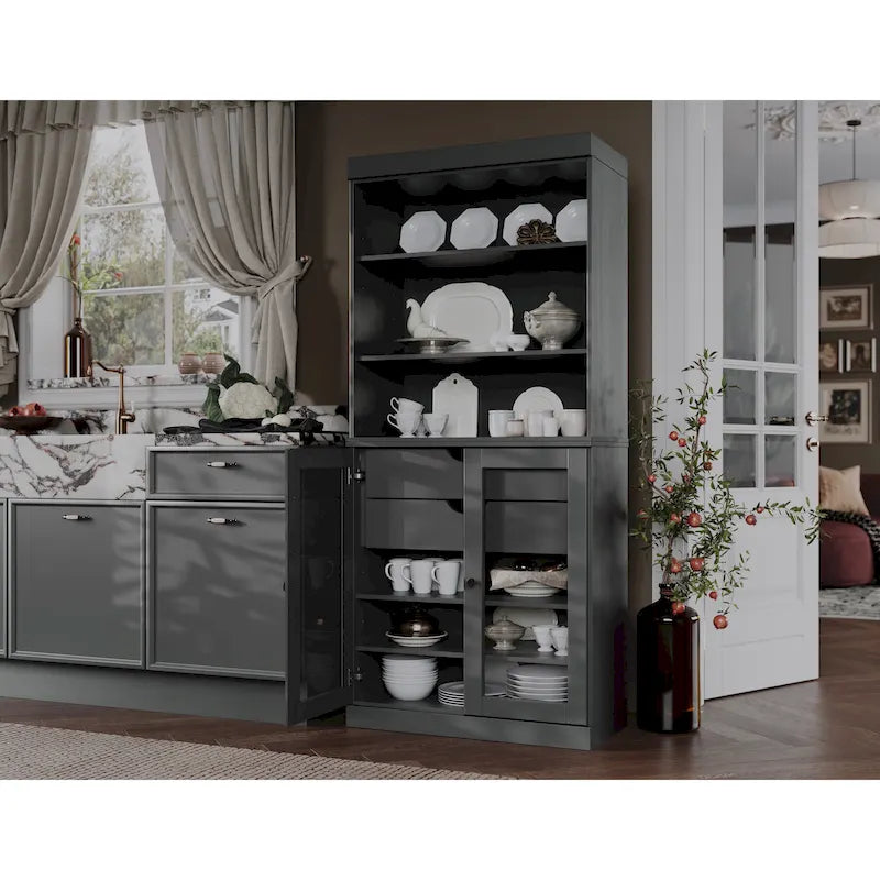 100 % Massivholz-Küchenschrank mit 2 Glas- oder Holztüren und 2 Schubladen-Organizer