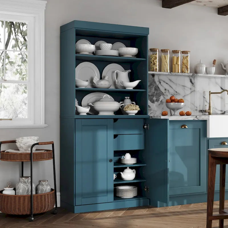 100 % Massivholz-Küchenschrank mit 2 Glas- oder Holztüren und 2 Schubladen-Organizer