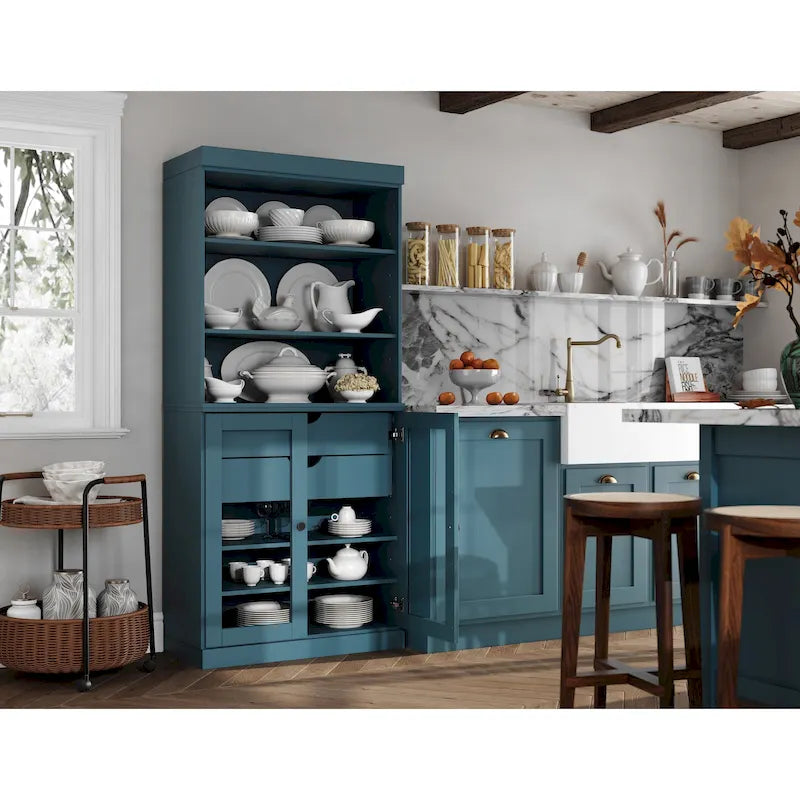100 % Massivholz-Küchenschrank mit 2 Glas- oder Holztüren und 2 Schubladen-Organizer