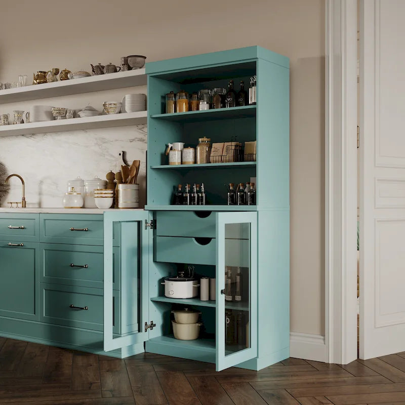 100 % Massivholz-Küchenschrank mit 2 Glas- oder Holztüren und 2 Schubladen-Organizer