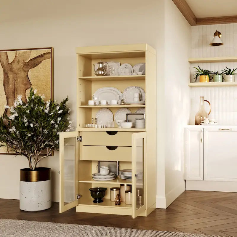 100 % Massivholz-Küchenschrank mit 2 Glas- oder Holztüren und 2 Schubladen-Organizer