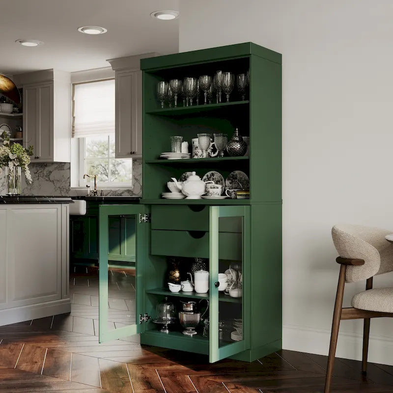100 % Massivholz-Küchenschrank mit 2 Glas- oder Holztüren und 2 Schubladen-Organizer