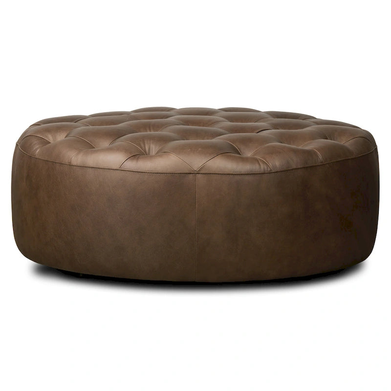 Runder Ottoman aus vollnarbigem italienischem Leder, 101,6 cm Durchmesser