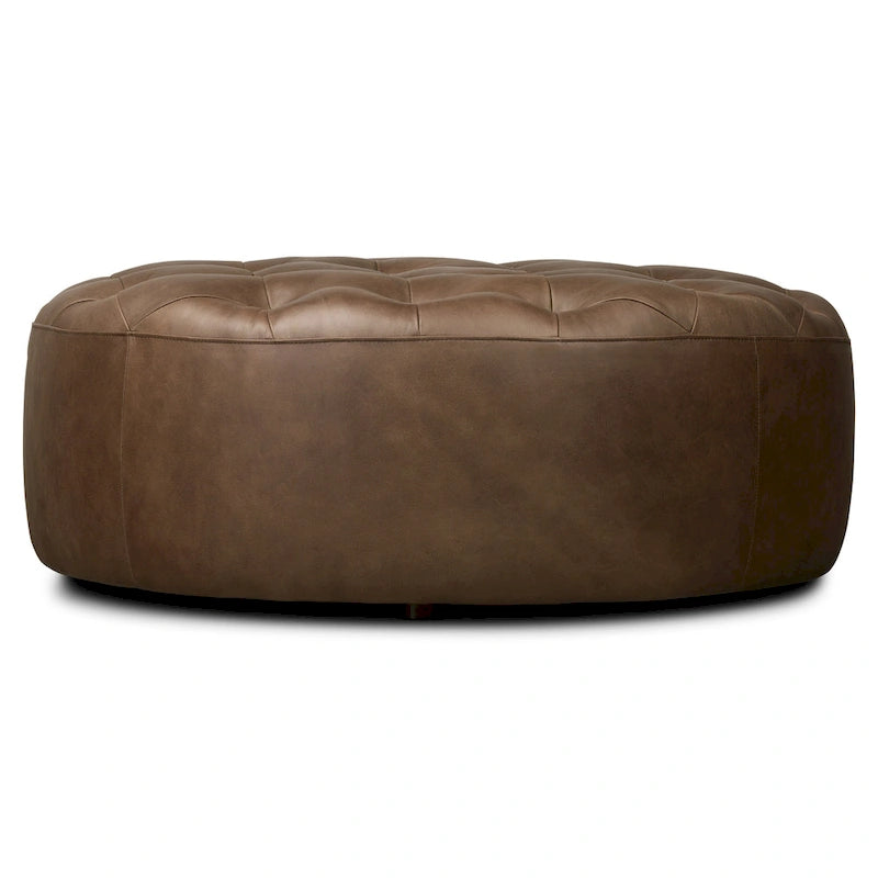 Runder Ottoman aus vollnarbigem italienischem Leder, 101,6 cm Durchmesser