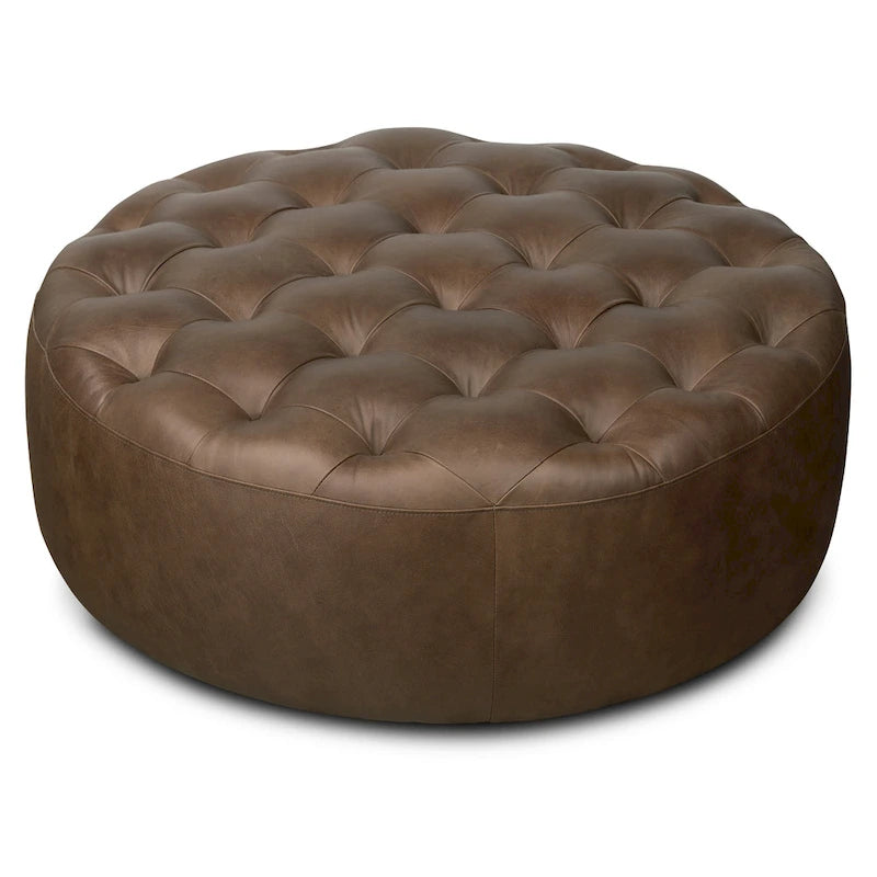 Runder Ottoman aus vollnarbigem italienischem Leder, 101,6 cm Durchmesser