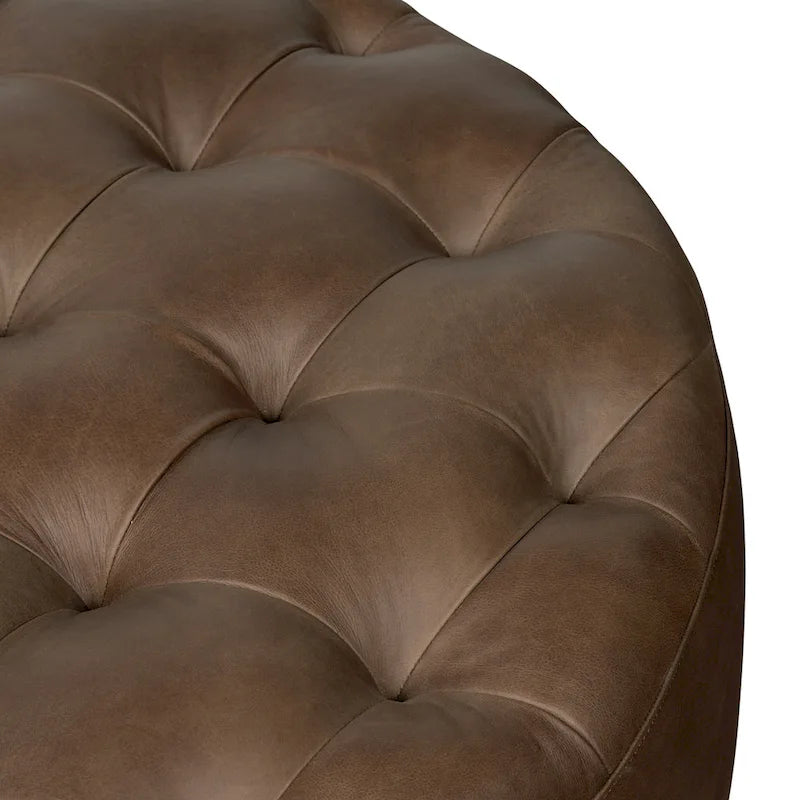 Runder Ottoman aus vollnarbigem italienischem Leder, 101,6 cm Durchmesser