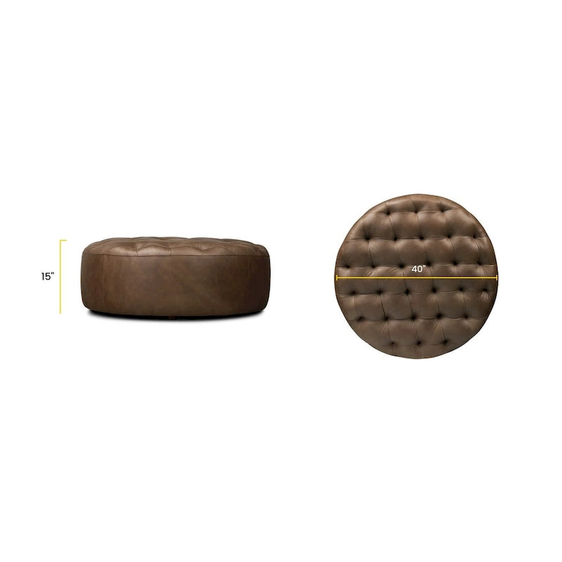 Runder Ottoman aus vollnarbigem italienischem Leder, 101,6 cm Durchmesser