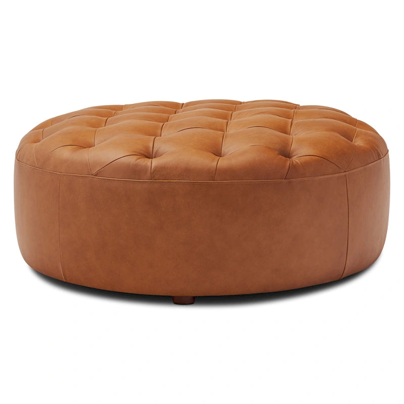 Runder Ottoman aus vollnarbigem italienischem Leder, 101,6 cm Durchmesser