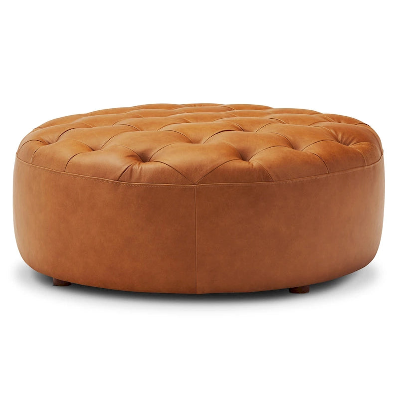 Runder Ottoman aus vollnarbigem italienischem Leder, 101,6 cm Durchmesser