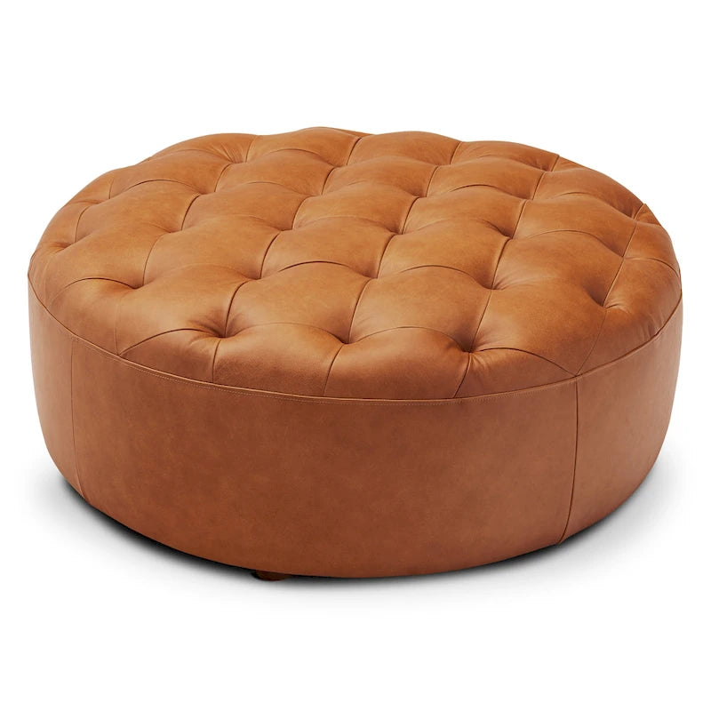 Runder Ottoman aus vollnarbigem italienischem Leder, 101,6 cm Durchmesser