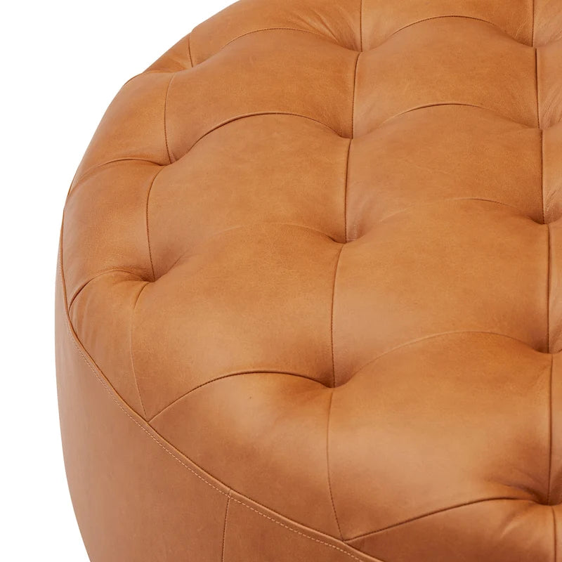 Runder Ottoman aus vollnarbigem italienischem Leder, 101,6 cm Durchmesser