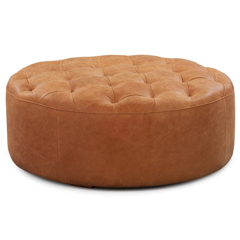 Runder Ottoman aus vollnarbigem italienischem Leder, 101,6 cm Durchmesser