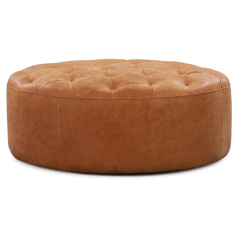 Runder Ottoman aus vollnarbigem italienischem Leder, 101,6 cm Durchmesser