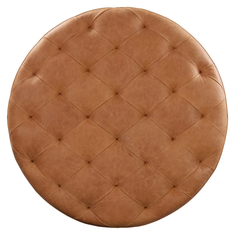 Runder Ottoman aus vollnarbigem italienischem Leder, 101,6 cm Durchmesser