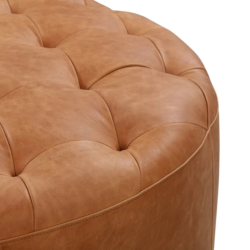 Runder Ottoman aus vollnarbigem italienischem Leder, 101,6 cm Durchmesser