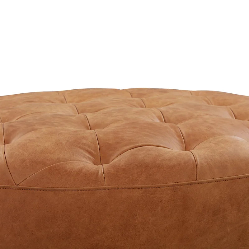 Runder Ottoman aus vollnarbigem italienischem Leder, 101,6 cm Durchmesser