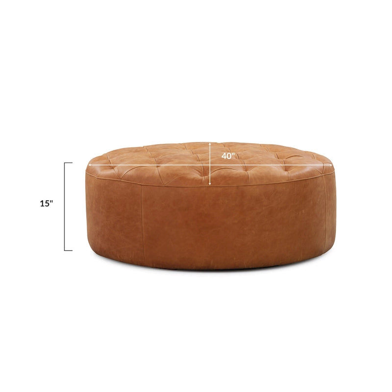 Runder Ottoman aus vollnarbigem italienischem Leder, 101,6 cm Durchmesser