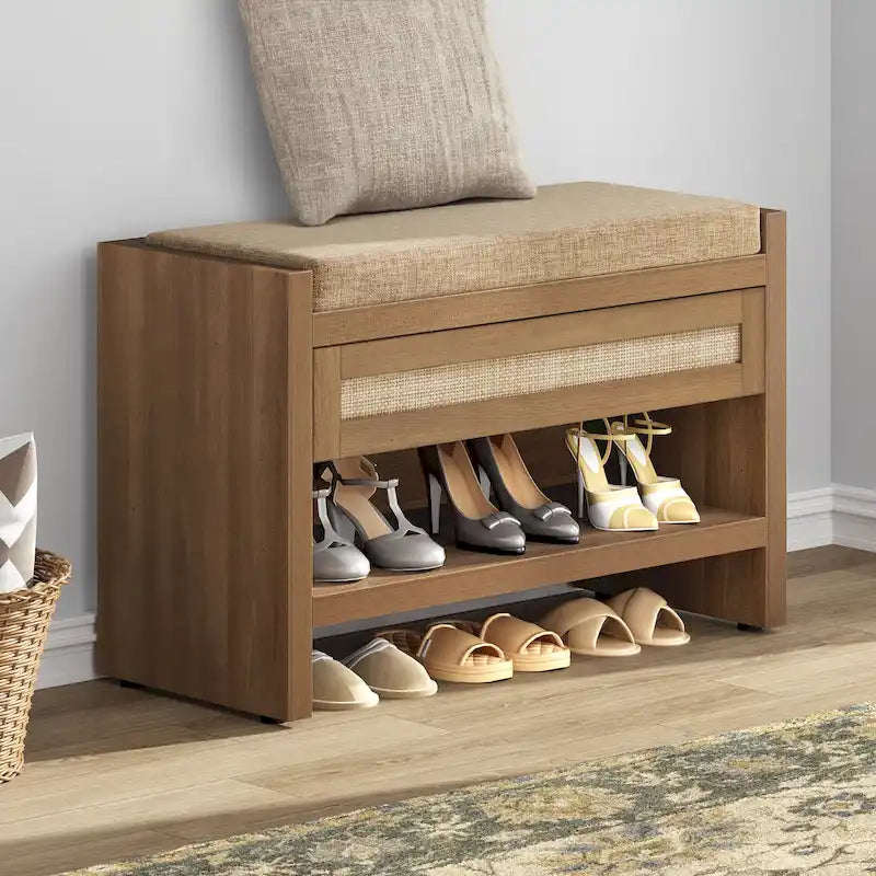 Schuhbank aus Rattan für den Eingangsbereich mit ausziehbarer Schublade und Kissen, Eiche Natur