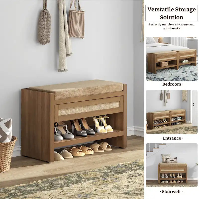 Schuhbank aus Rattan für den Eingangsbereich mit ausziehbarer Schublade und Kissen, Eiche Natur