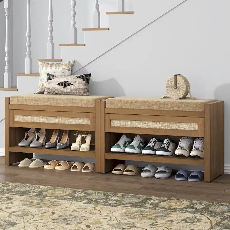 Schuhbank aus Rattan für den Eingangsbereich mit ausziehbarer Schublade und Kissen, Eiche Natur