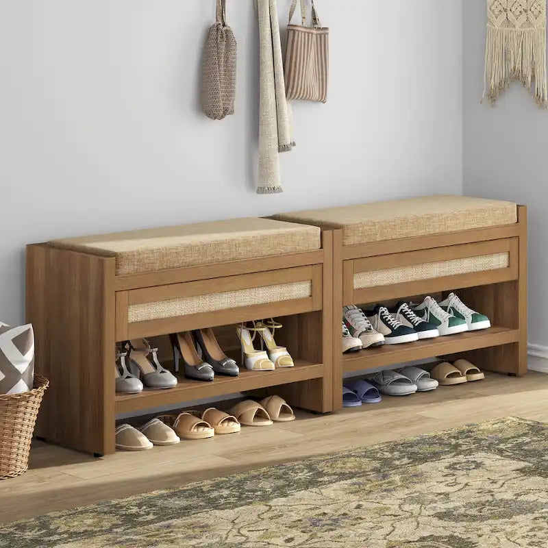 Schuhbank aus Rattan für den Eingangsbereich mit ausziehbarer Schublade und Kissen, Eiche Natur