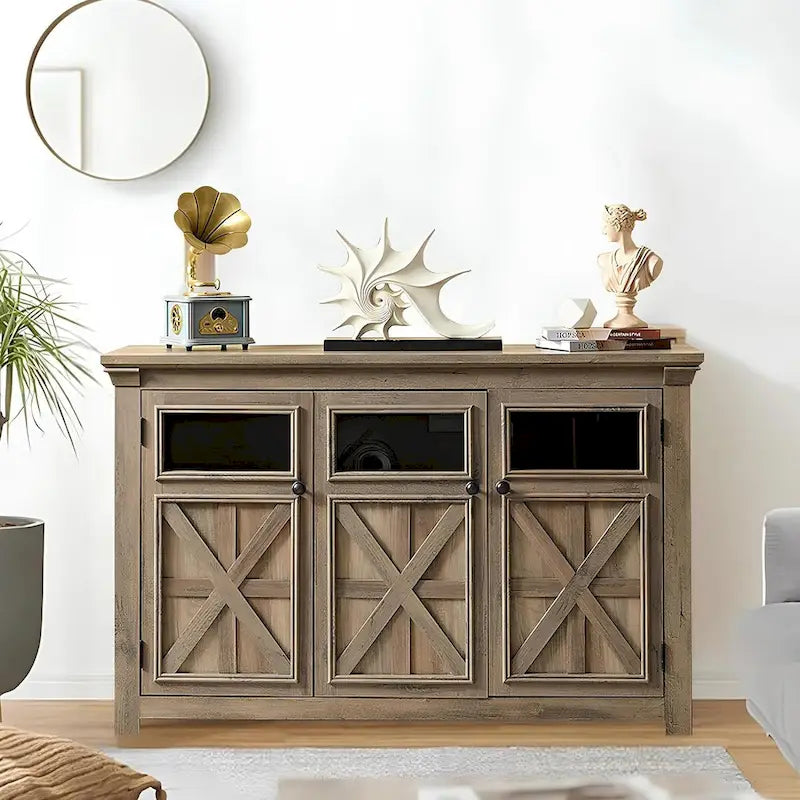 3-türiges Buffet-Sideboard mit Glastüren und verstellbaren Einlegeböden, Grau lasiert
