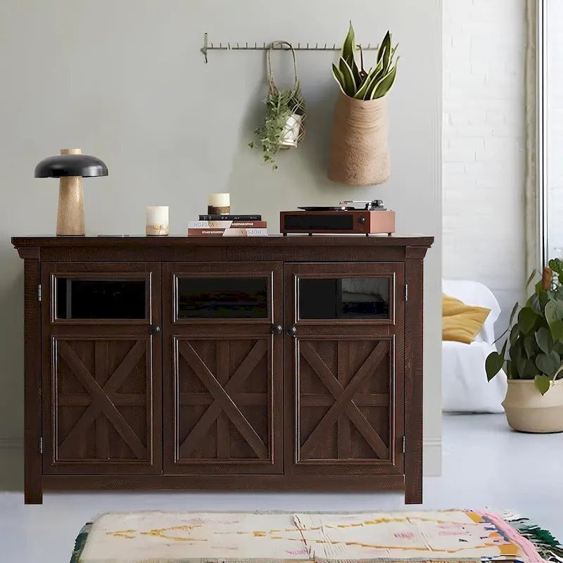 3-türiges Buffet-Sideboard mit Glastüren und verstellbaren Einlegeböden, Grau lasiert