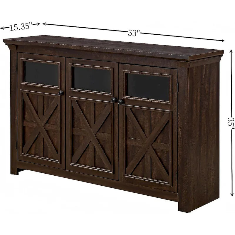3-türiges Buffet-Sideboard mit Glastüren und verstellbaren Einlegeböden, Grau lasiert