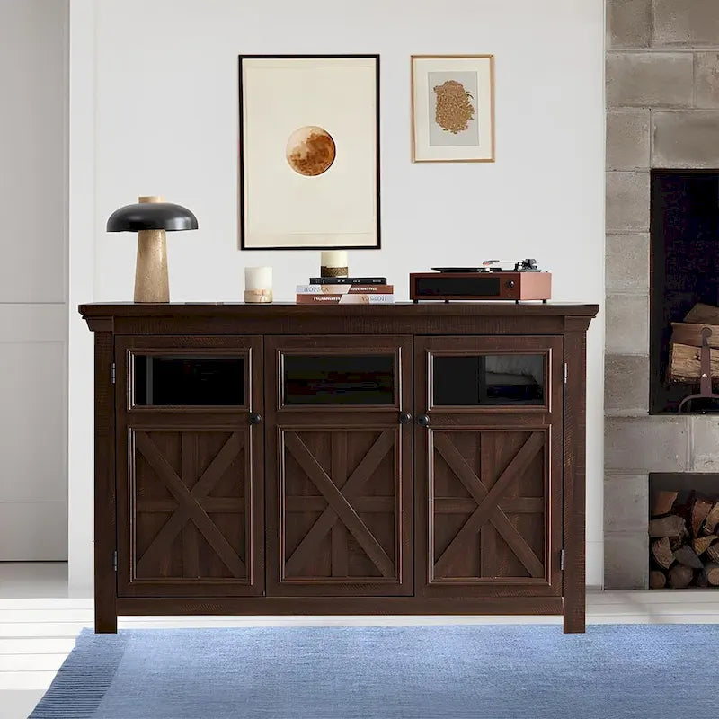 3-türiges Buffet-Sideboard mit Glastüren und verstellbaren Einlegeböden, Grau lasiert