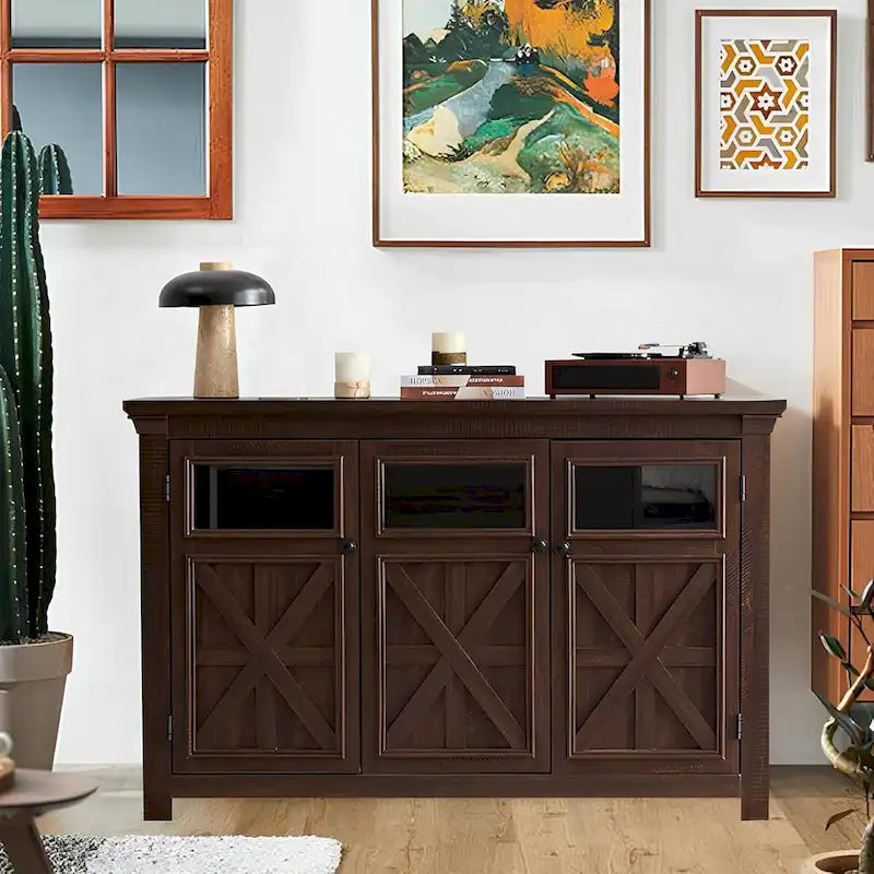 3-türiges Buffet-Sideboard mit Glastüren und verstellbaren Einlegeböden, Grau lasiert