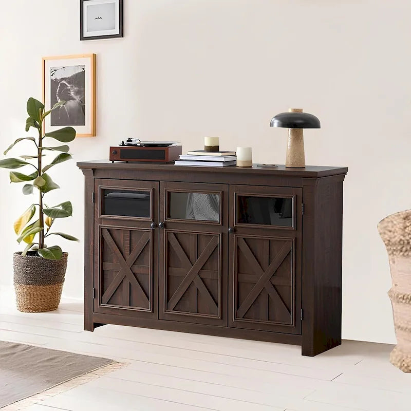 3-türiges Buffet-Sideboard mit Glastüren und verstellbaren Einlegeböden, Grau lasiert