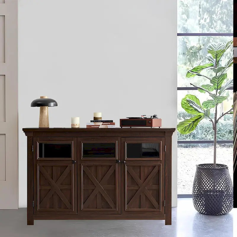 3-türiges Buffet-Sideboard mit Glastüren und verstellbaren Einlegeböden, Grau lasiert