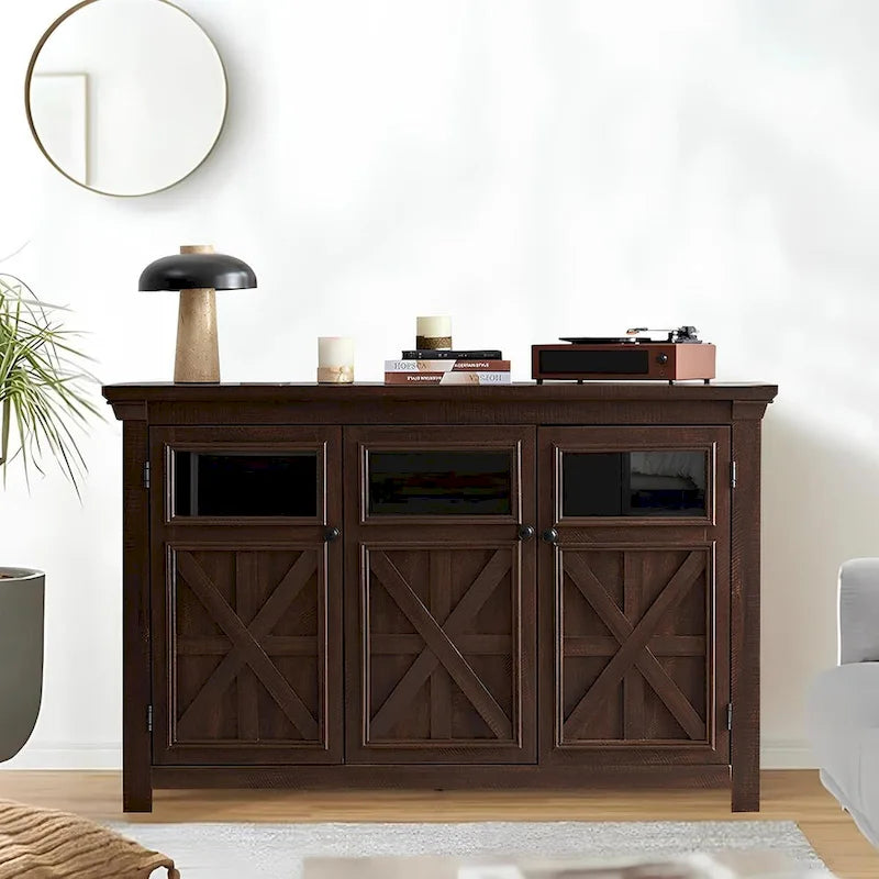 3-türiges Buffet-Sideboard mit Glastüren und verstellbaren Einlegeböden, Grau lasiert